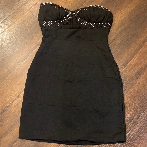 GRASS COLLECTION BLACK BANDAGE BODYCON STUDDED STRAPLESS  MINI DRESS SZ 9 - Picture 4 of 12